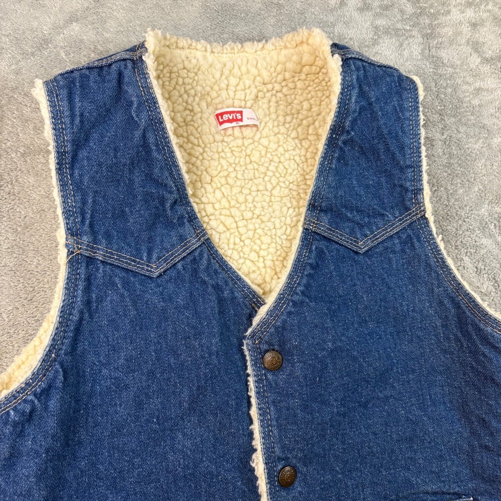 VTG 70s Levi's Men's S Orange Tab Denim Sherpa Vest USA Made Western Trucker 523